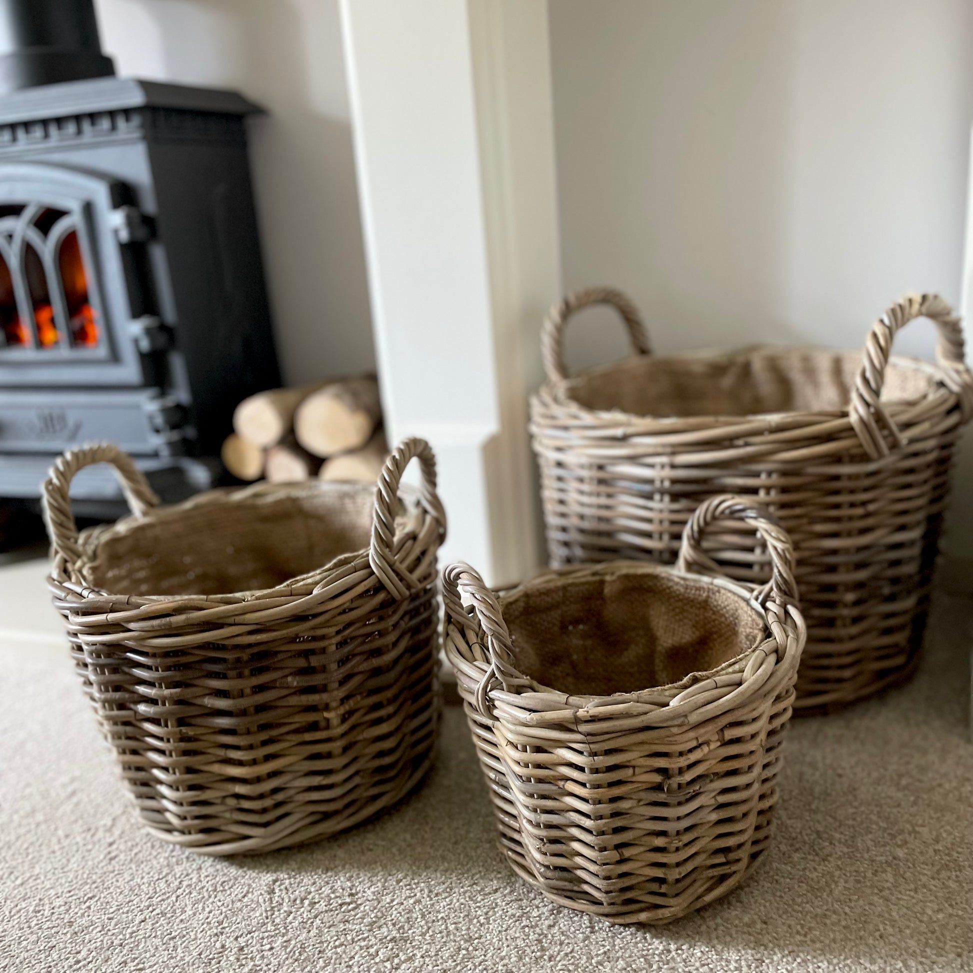 Rustic rattan storage basket in small, medium, or large, adding texture and practicality to a living room.