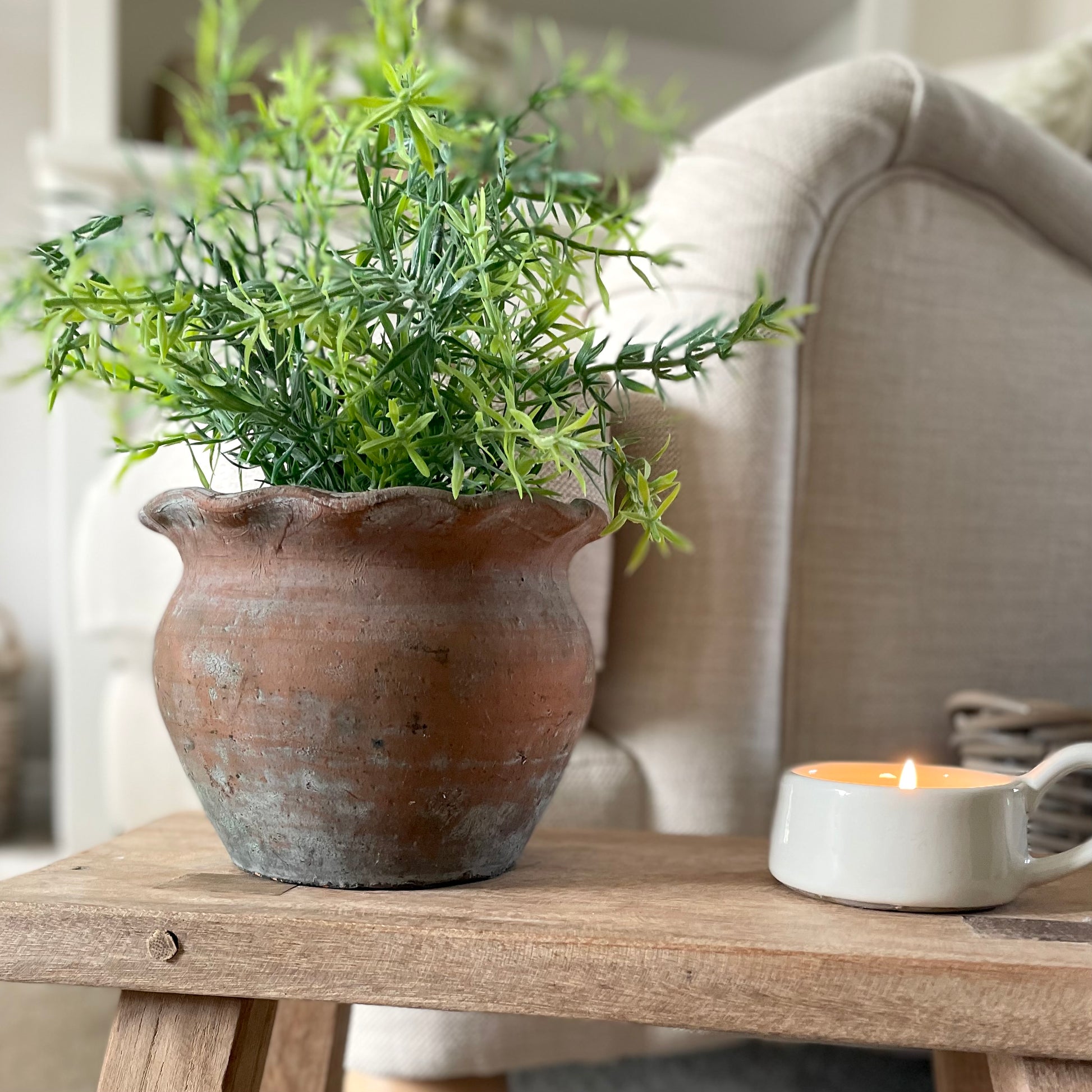 Rustic terracotta plant pot with pie crust edge. Styled on wooden stool and candle, in a cosy living rom.
