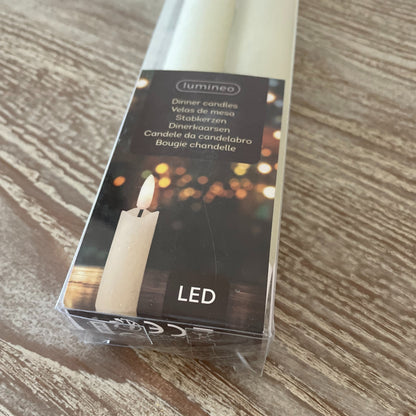 LED dinner candles with realistic flickering flame, 24 cm tall, styled on a dining table.