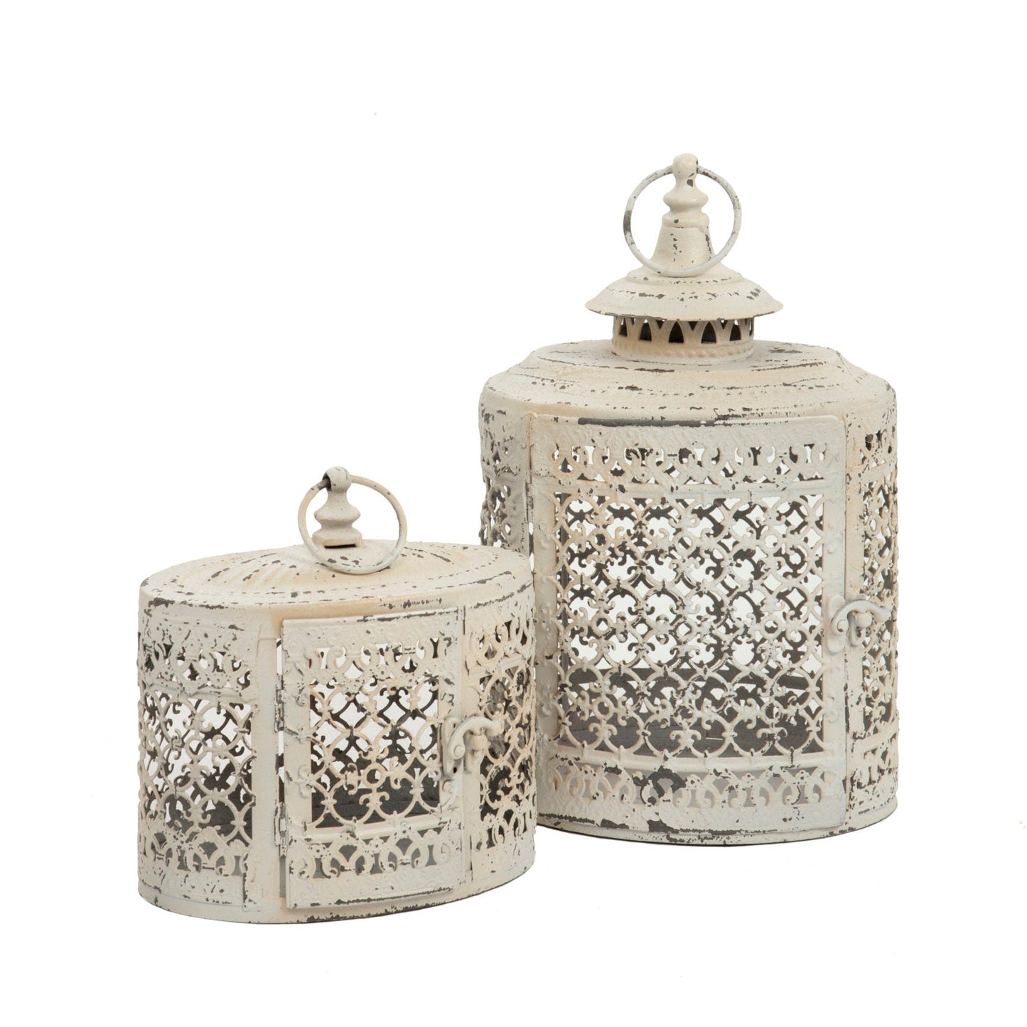 Two decorative metal lanterns with intricate patterns on a white background.