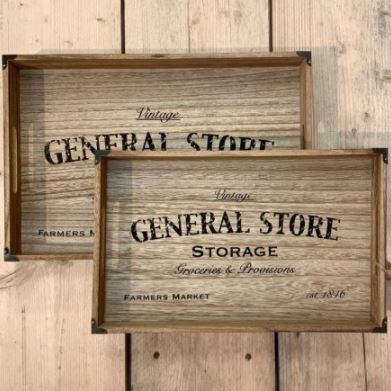 Pair of industrial style wooden trays featuring General Store print, ideal for serving or display.