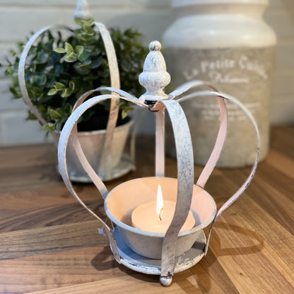 Rustic crown planters with a distressed finish with a tea light.