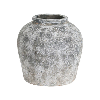 Earthy distressed stone Valentina Vase, shown on a white backround.