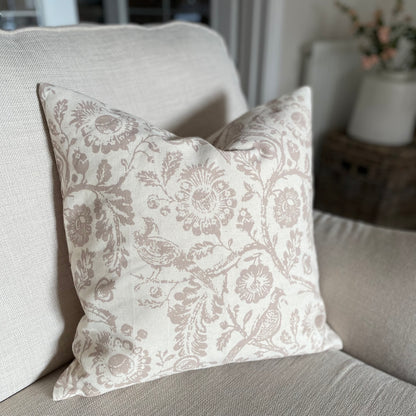 Taupe patterned cushion with a subtle country inspired print styled on a neutral sofa. Soft cotton cushion by Belle and Bramble Interiors.