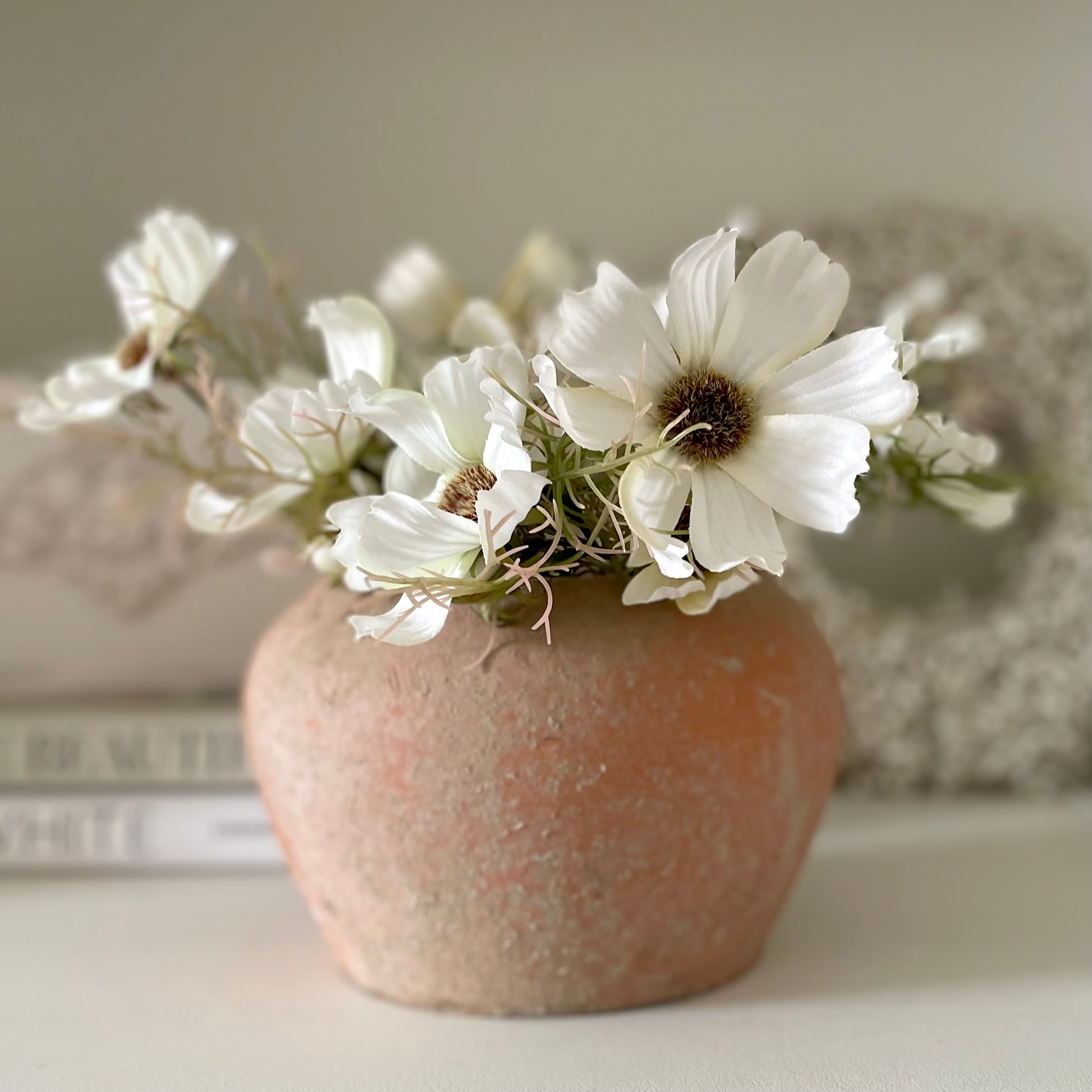 Rustic unglazed terracotta pot with natural finish, styled with a white cosmos spray.