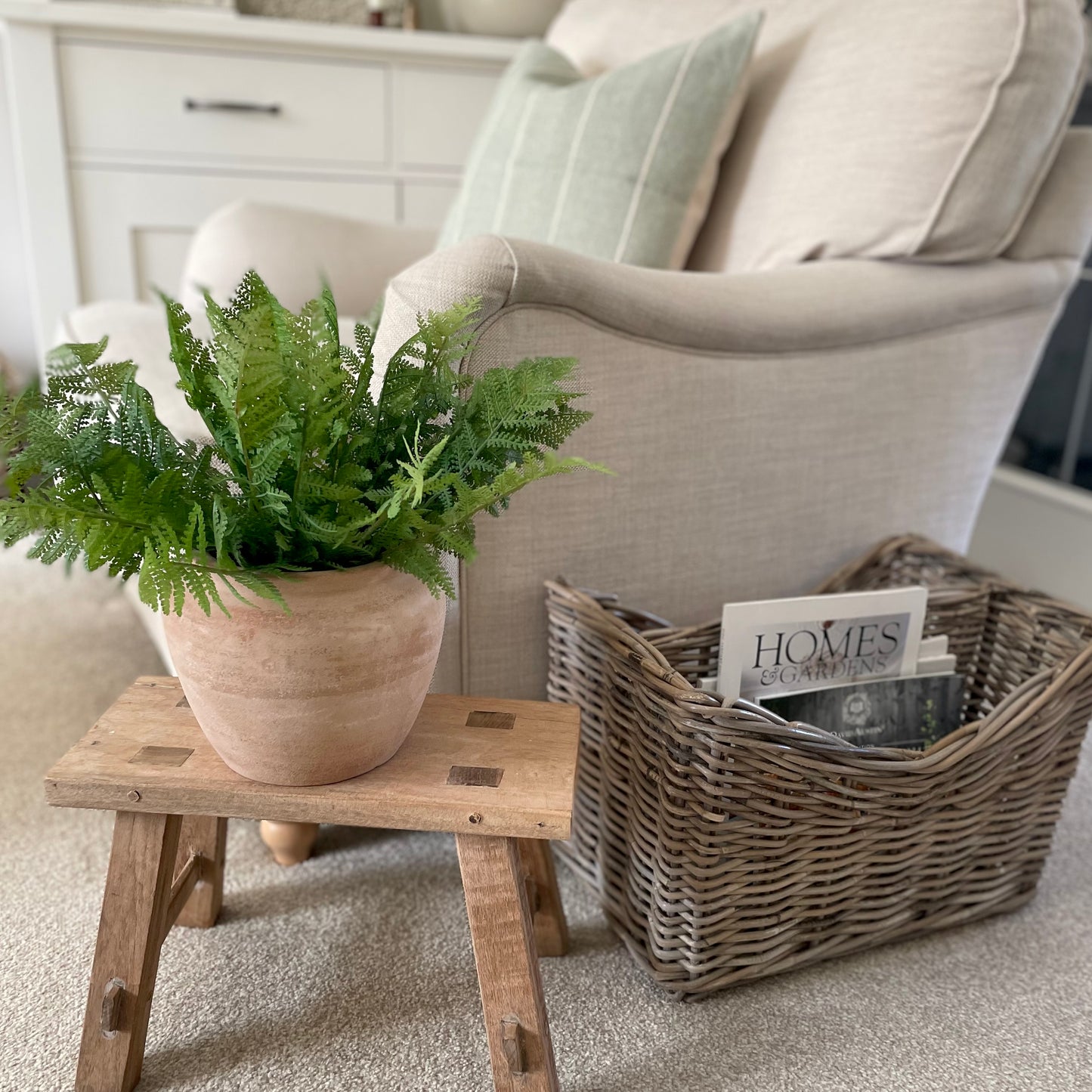 Henley terracotta pot styled with greenery. Styled on a wooden decorative stool with a rattan magazine holder and a neutral cream chair.