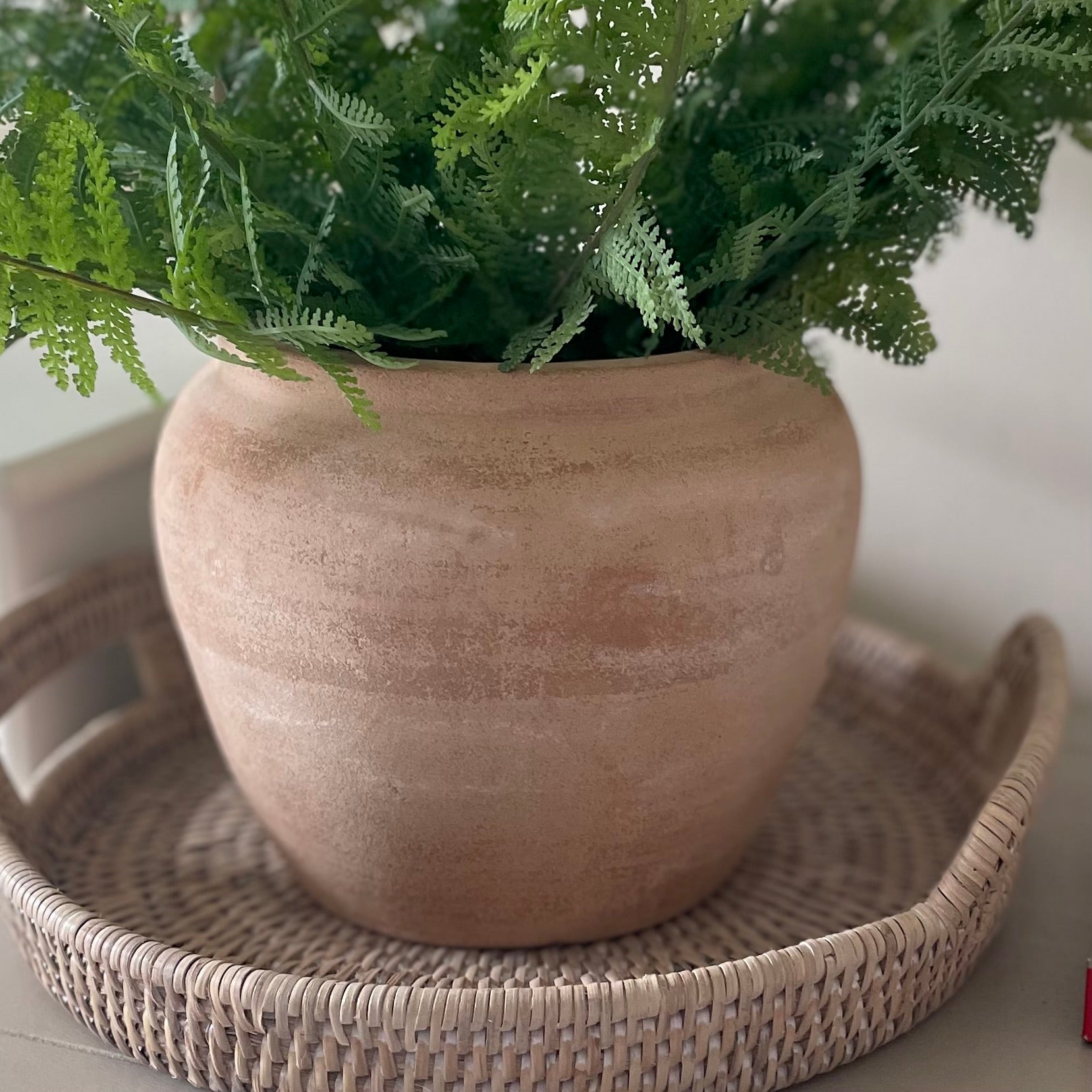 Henley terracotta pot styled with greenery. Styled on a round rattan tray with a white background.