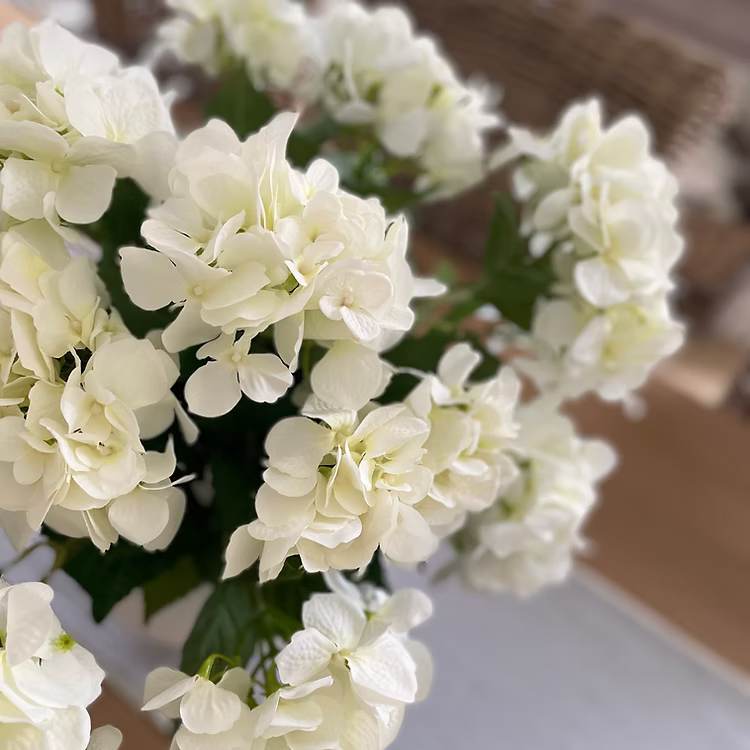 White faux hydrangea bouquet with seven flower heads, styled in a vase for a neutral home interior.