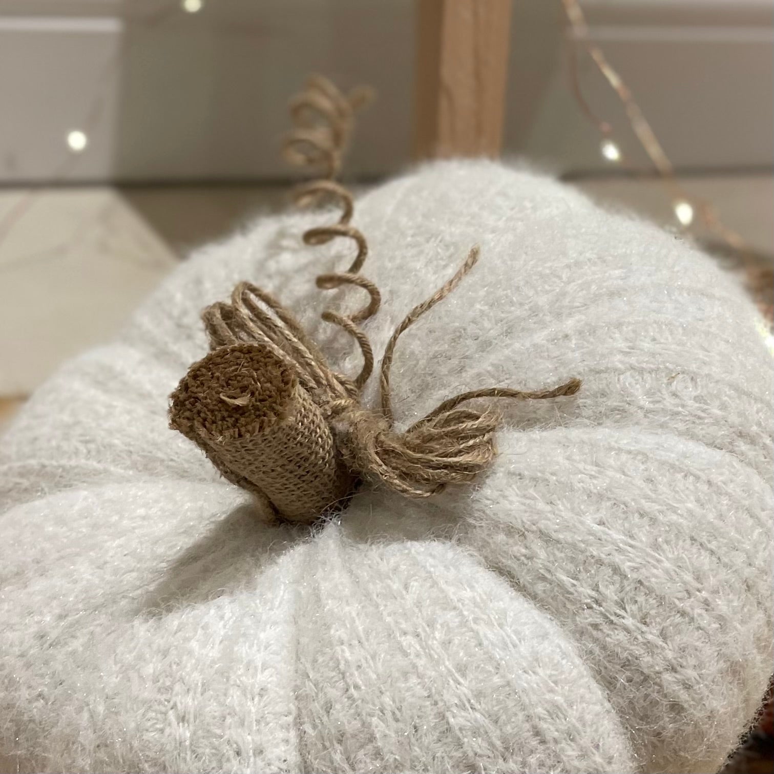 White knitted pumpkin with rustic hessian stalk styled on a wooden floor with autumn foliage.
