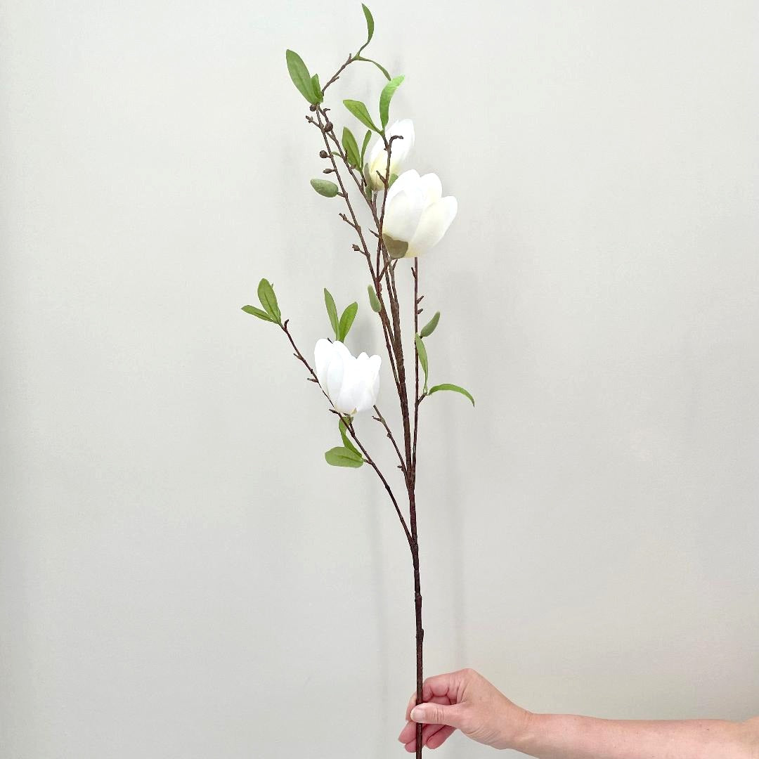 White faux magnolia stem with delicate blossoms styled in front of white background.