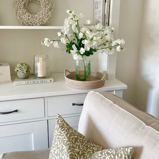 Lifelike white sweet pea flowers with delicate petals creating a timeless floral arrangement.