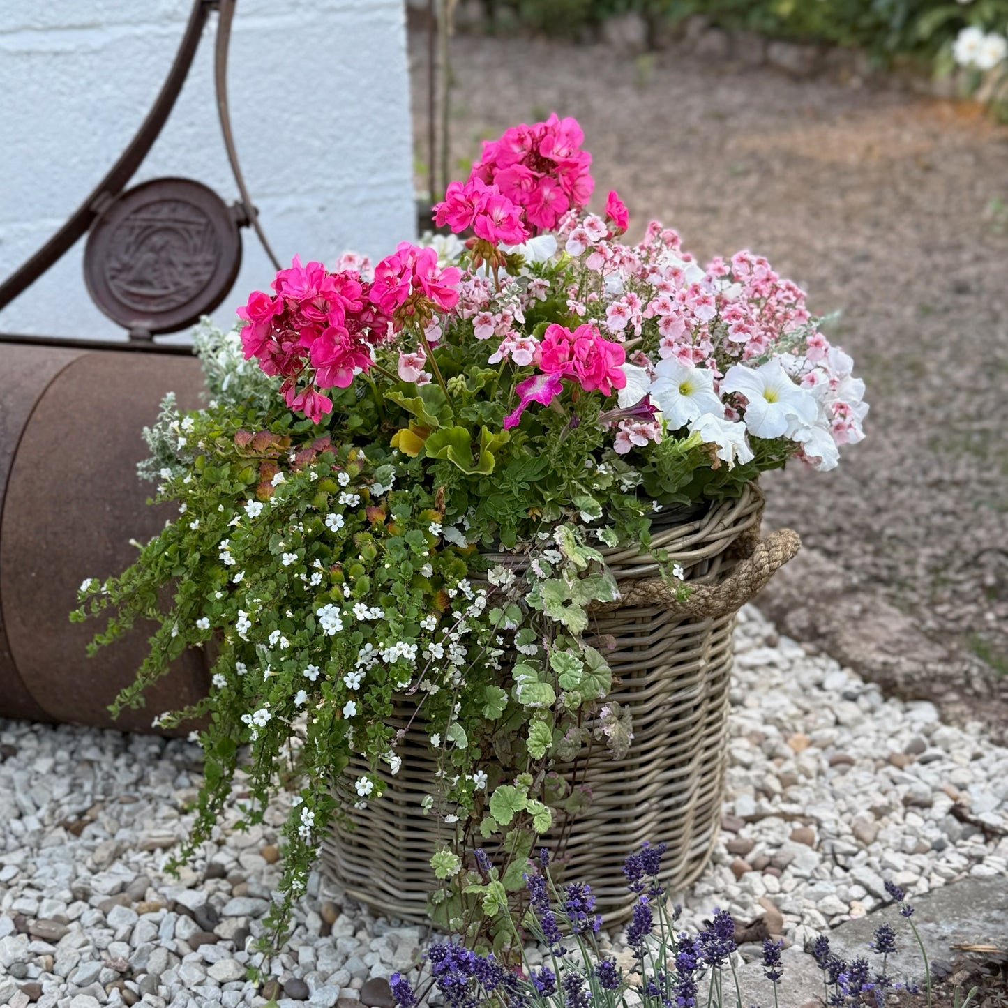 Wicker basket with pink, white, and green flowers on a pebbled surface.