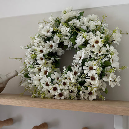 Wild Daisy Wreath featuring faux wildflowers and greenery, UV-protected to maintain colour and beauty outdoors.