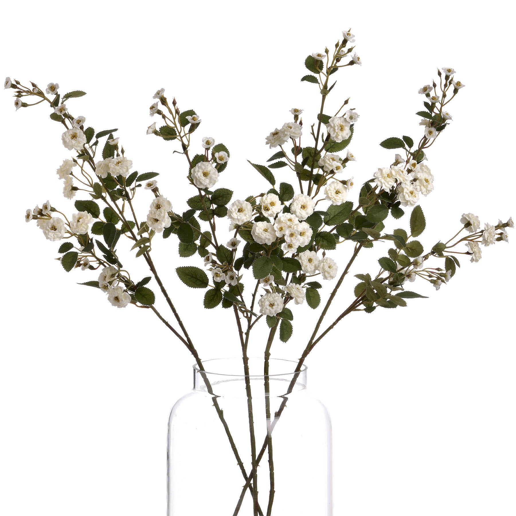 Wild Meadow White Rose Stems with delicate white flowers, soft yellow centres, and realistic green leaves, styled in a glass vase on a white background.