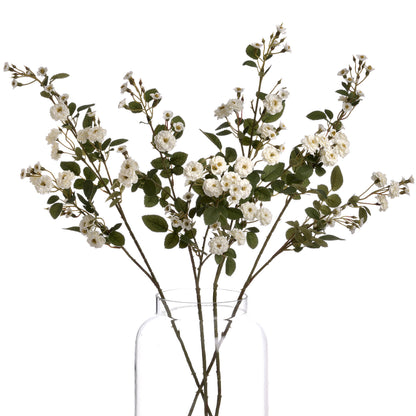 Wild Meadow White Rose Stems with delicate white flowers, soft yellow centres, and realistic green leaves, styled in a glass vase on a white background.