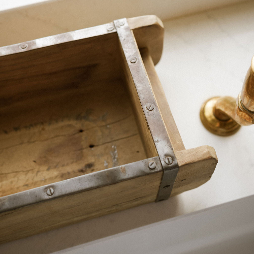 Artisan crafted brick mould made from reclaimed wood and iron, perfect for styling with seasonal decor or adding texture to your home.