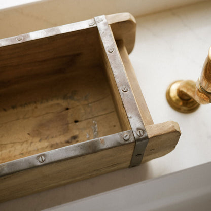 Artisan crafted brick mould made from reclaimed wood and iron, perfect for styling with seasonal decor or adding texture to your home.
